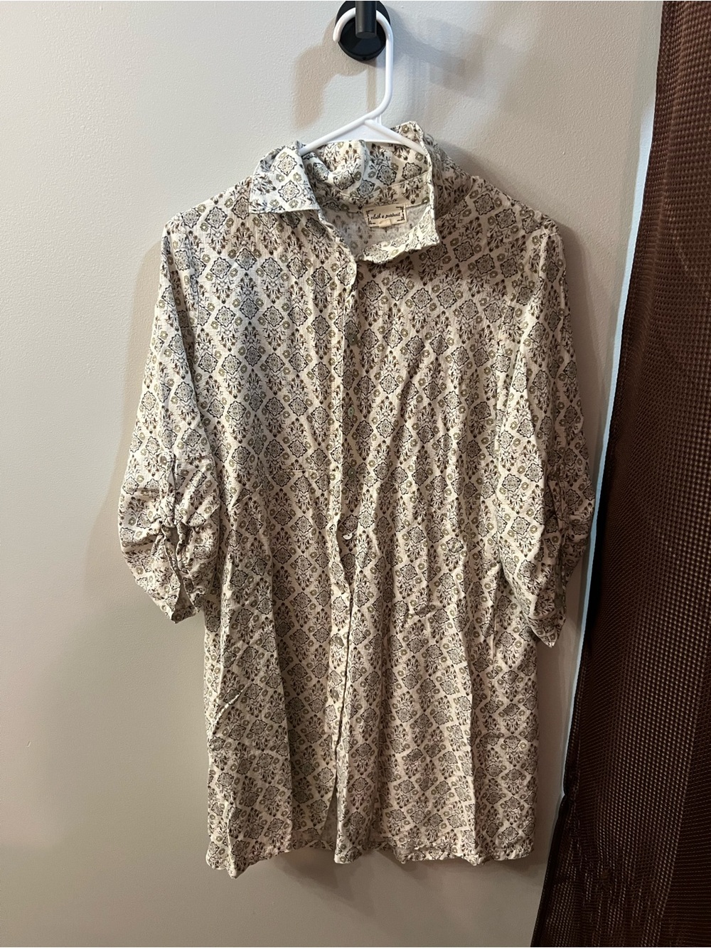 Printed Button-Down Tunic Shirt Dress - Cream & Black